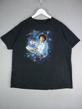 Bob Ross Painting Galaxy Space Menswear Black Cotton Tee XL